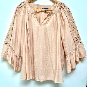 Democracy Blush/Pale Peach Flowy Women's Top with Eyelet Embroidered Sle…
